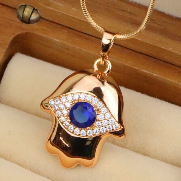 "Blue Evil Eye Hamsa Pendant in Gold Plated Brass – Bold Charm, XPPT1754 - Picture 1 of 13